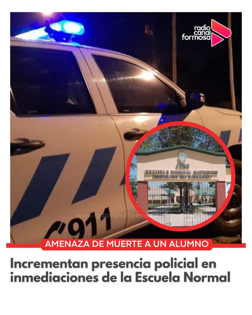 🚔 La Policía refuerza su presencia en la Escuela Normal Superior República del Paraguay, ubicada en la avenida Napoleón Uriburu y 9 de Julio de esta ciudad, tras una reunión con los directivos y padres por el caso de un niño que ingresó con un cuchillo al establecimiento.