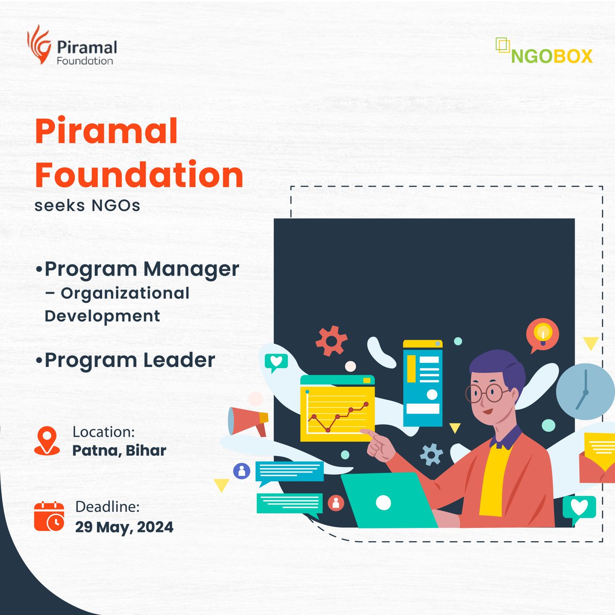 Piramal Foundation is currently seeking qualified individuals for the following positions: Program Manager – Organizational Development: Apply here: ngobox.org/job-detail_Pro… Program Leader: Apply here: ngobox.org/job-detail_Pro… Location: Patna, Bihar Deadline: 29 May 2024