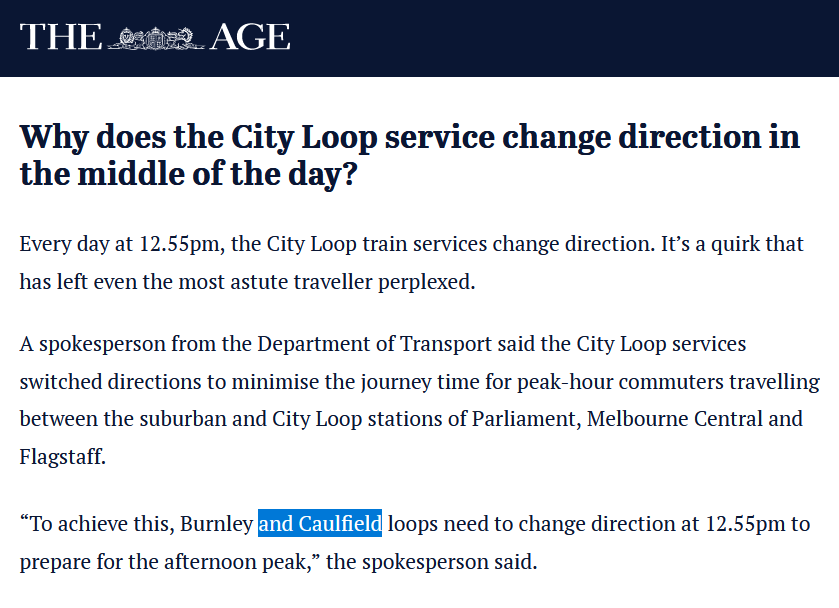 If you want proof that two City Loop tunnels reversing direction is confusing, here it is: the government's response is wrong. It's the Burnley and Northern Loop tunnels that swap at lunchtime weekdays. The Caulfield Loop runs anti-clockwise at all times. theage.com.au/national/victo…
