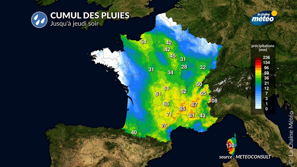 Encore beaucoup d'eau💦 d'ici jeudi soir sur les régions centrales, la PACA, la #Corse, les Alpes et le Jura. Ponctuellement, les cumuls pourront atteindre 50 à 80 mm, l'équivalent de 2 semaines de précipitations d'un mois de mai. Des risques ponctuels d'#inondations sont