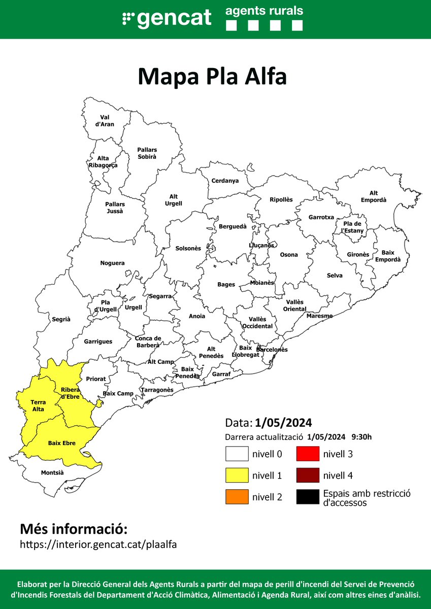 🔴Aquest és el mapa del #PlaAlfa per avui, dia 1/5/24

📍Consulta el mapa interactiu per conèixer quin nivell hi ha activat al teu municipi o a la teva comarca⤵️

📲 interior.gencat.cat/plaalfa