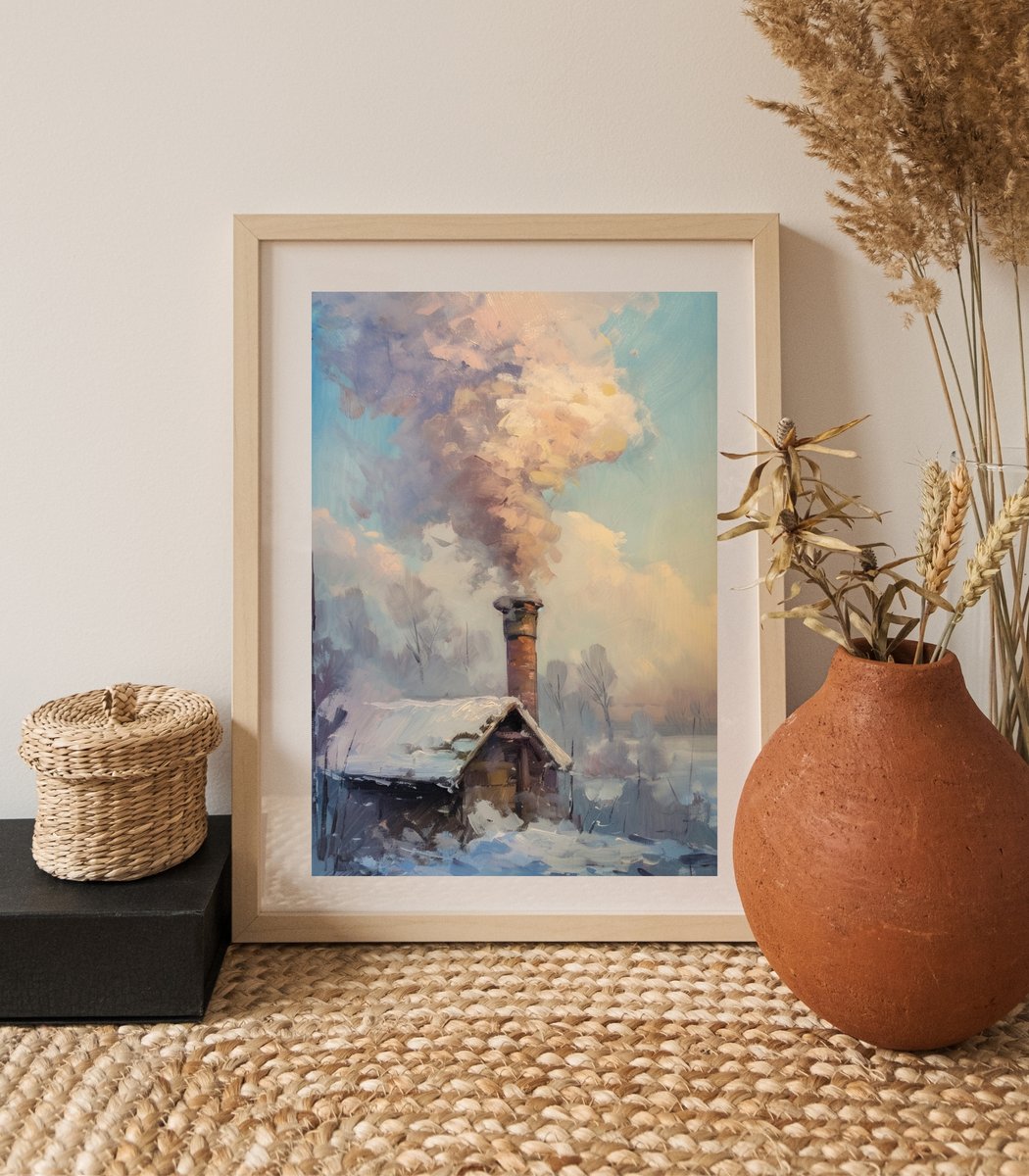 Cozy up your space with this wintry scene from Lena Art Design, where smoke swirls from a chimney into the crisp air. ❄️🏠 #WinterWarmth #CozyHomeArt #LenaArtDesign