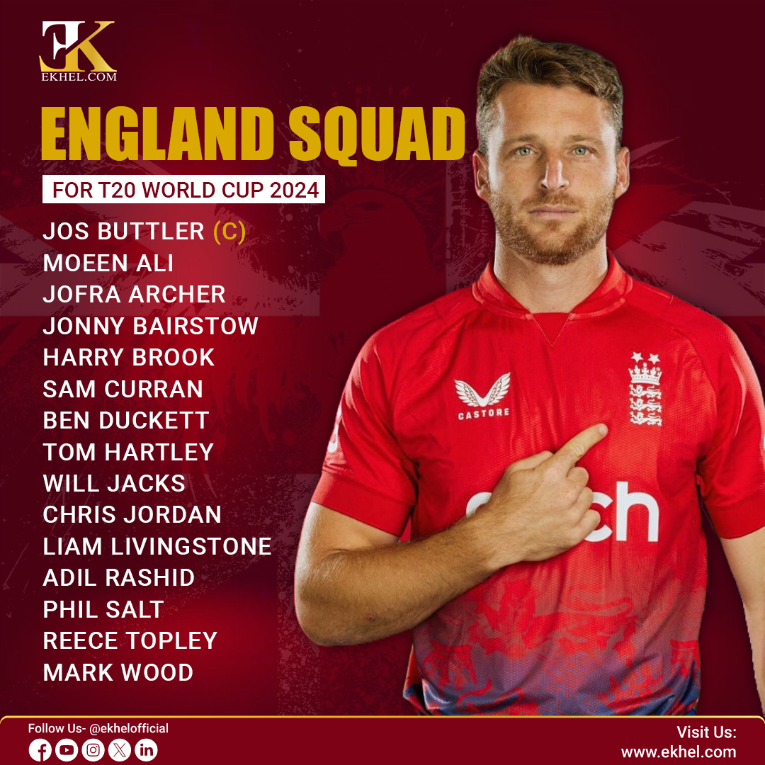 England, the reigning champions, have revealed their provisional squad for the 2024 T20 World Cup! 🏆🏏

Follow @ekhelofficial

#Cricket #CricketUpdates #England #EnglandCricket #WorldCup #WorldCup2024 #T20Cricket #T20WorldCup #T20WorldCup2024 #JosButtler #MoeenAli #JofraArcher