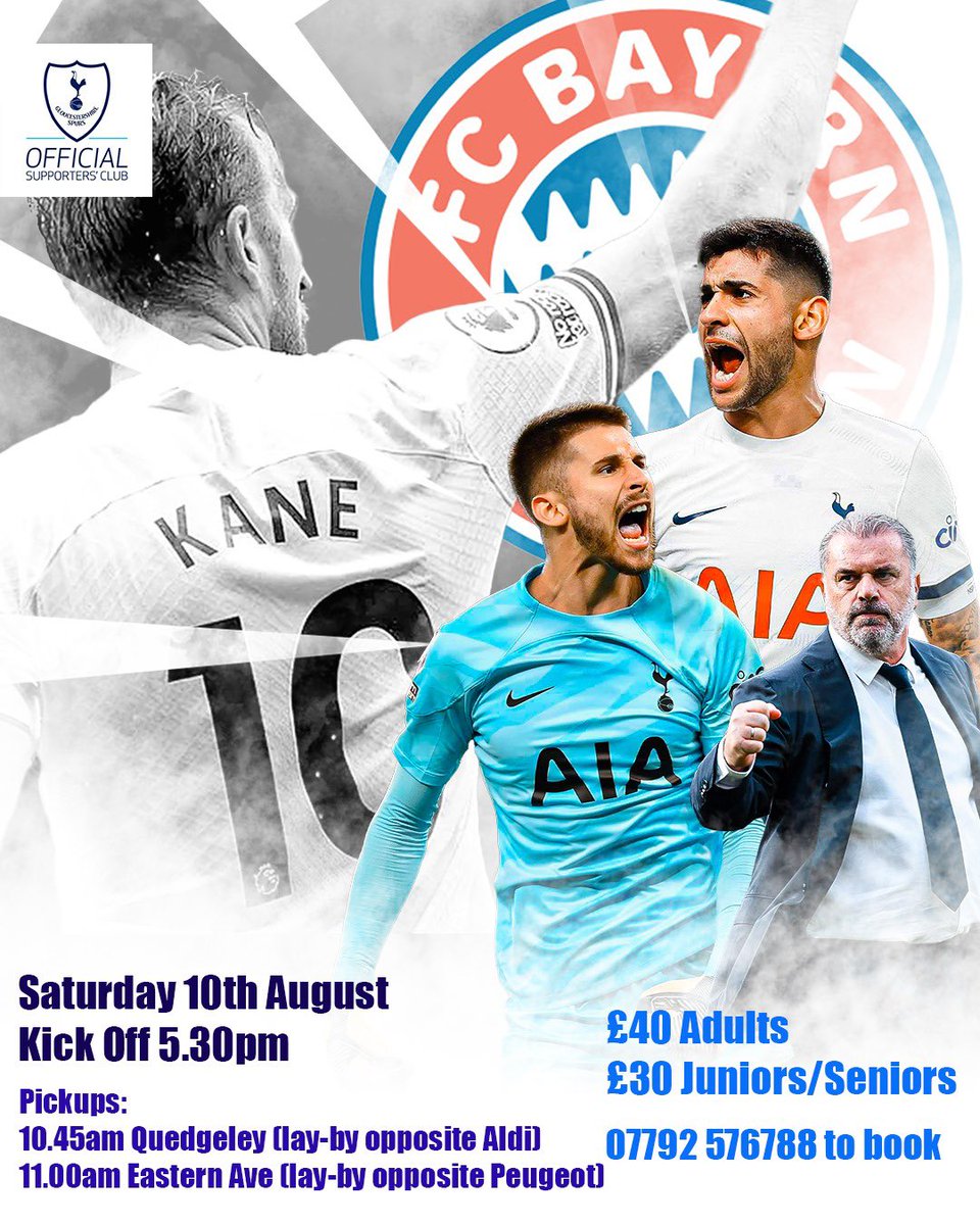 Just 4 seats left on the coach for Bayern Munich in August 🚌 Get in touch before they go if you have a ticket and want to jump on! 👍 If you have reserved your seat already, please make payment ASAP. Payment deadline is 31st May. #COYS