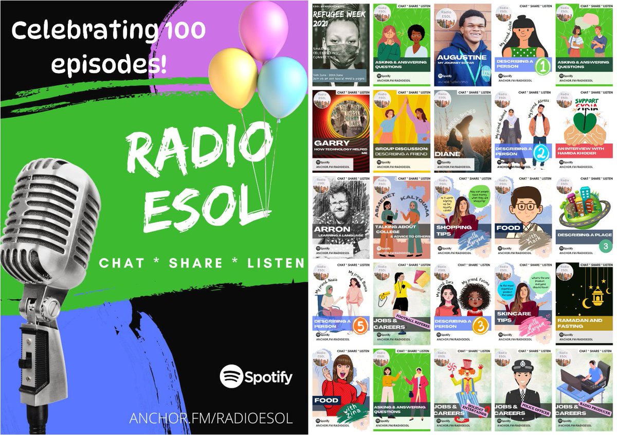 We're celebrating our 100th episode on #RadioESOL today! Our podcast recorded @EnfieldCentre @leedscitycoll is now listened to by #LanguageLearning, #ESOL and #EFL students in over 80 countries  anchor.fm/radioesol