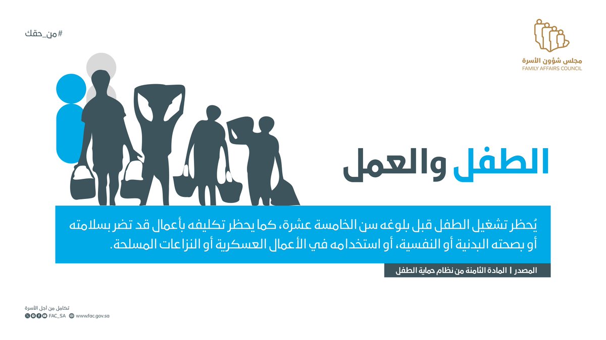 FAC_SA's tweet photo. #من_حقك | من حق #الطفل الحفاظ على طفولته من الاهمال، فالأسرة تلعب دورًا بارزًا في بناء أساس قوي لصحة الطفل الجسدية والعاطفية والاجتماعية بتشكيل بيئة آمنة لنموه وتطوره. 
#مجلس_شؤون_الأسرة https://t.co/gMxrMiZ8u0