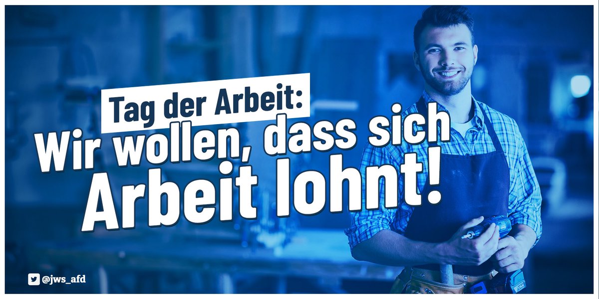 Ich wünsche euch allen einen schönen Tag der #Arbeit! Die #AfD ist die neue und heute einzige #Arbeiterpartei. Wir treten dafür ein, dass sich Arbeit wieder #lohnt - und zwar nicht nur im #Portemonnaie: wir wollen wieder #stolz auf unsere Arbeit sein!