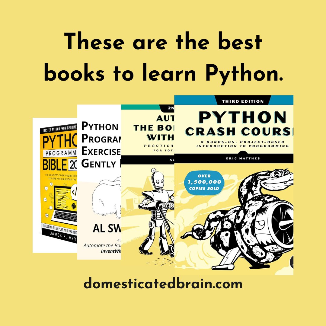 These are the best books to learn Python. 1 amzn.to/49rBpuW 2 amzn.to/42wZJcP 3 amzn.to/3OzibeY 4 amzn.to/3usDOXF #100DaysOfCode #CodeNewbies #WomenWhoCode #coding #DataAnalytics #DataScientists #ML #AI #programming #Python