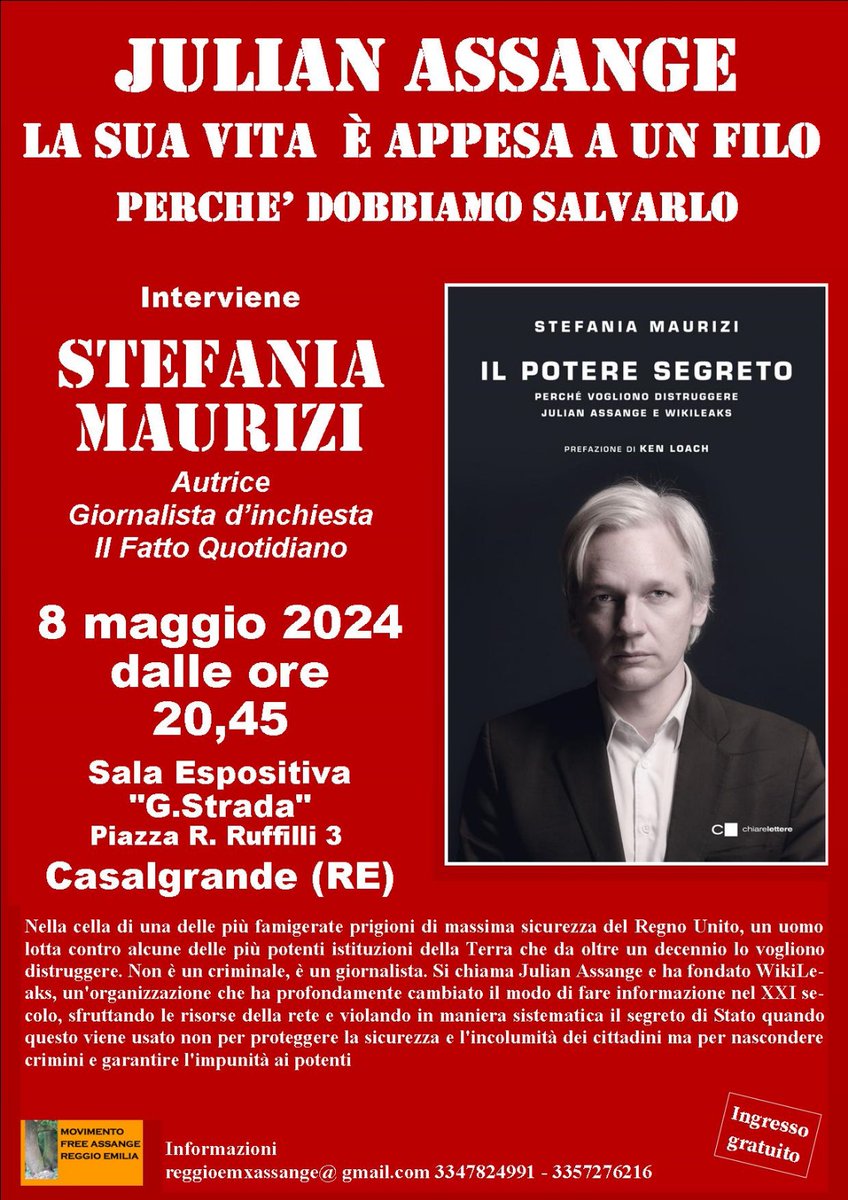 8 maggio a Casalgrande!  Venite ad Ascoltare la giornalista d'inchiesta  Stefania Maurizi. Non ve la perdete!  #StellaAssange  #FreeAssangeNow #FreeAssangeReggioEmilia