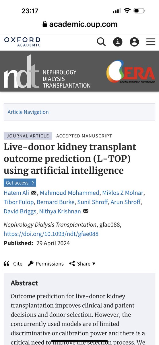 We just had our publication on use of AI for Live donor kidney transplant outcome prediction published online in NDT Journal. It is currently available free online - for both live and deceased donor kidney tx outcome prediction. You can try it on organpredict.ai