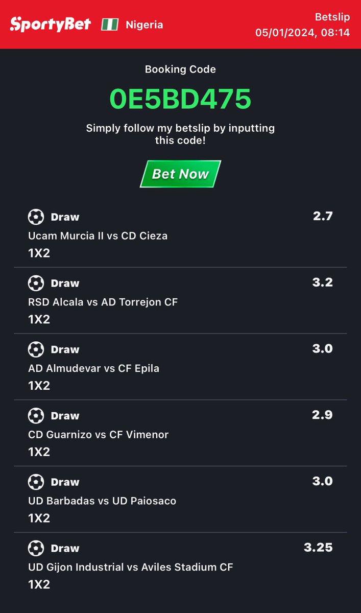 6/6FTX on betway converted to sportybet🚨

0E5BD475 -sporty🧑🏿‍💻 

Follow for conversion of codes to your preferred bookies!

Retweet for larger audience😤🗣️