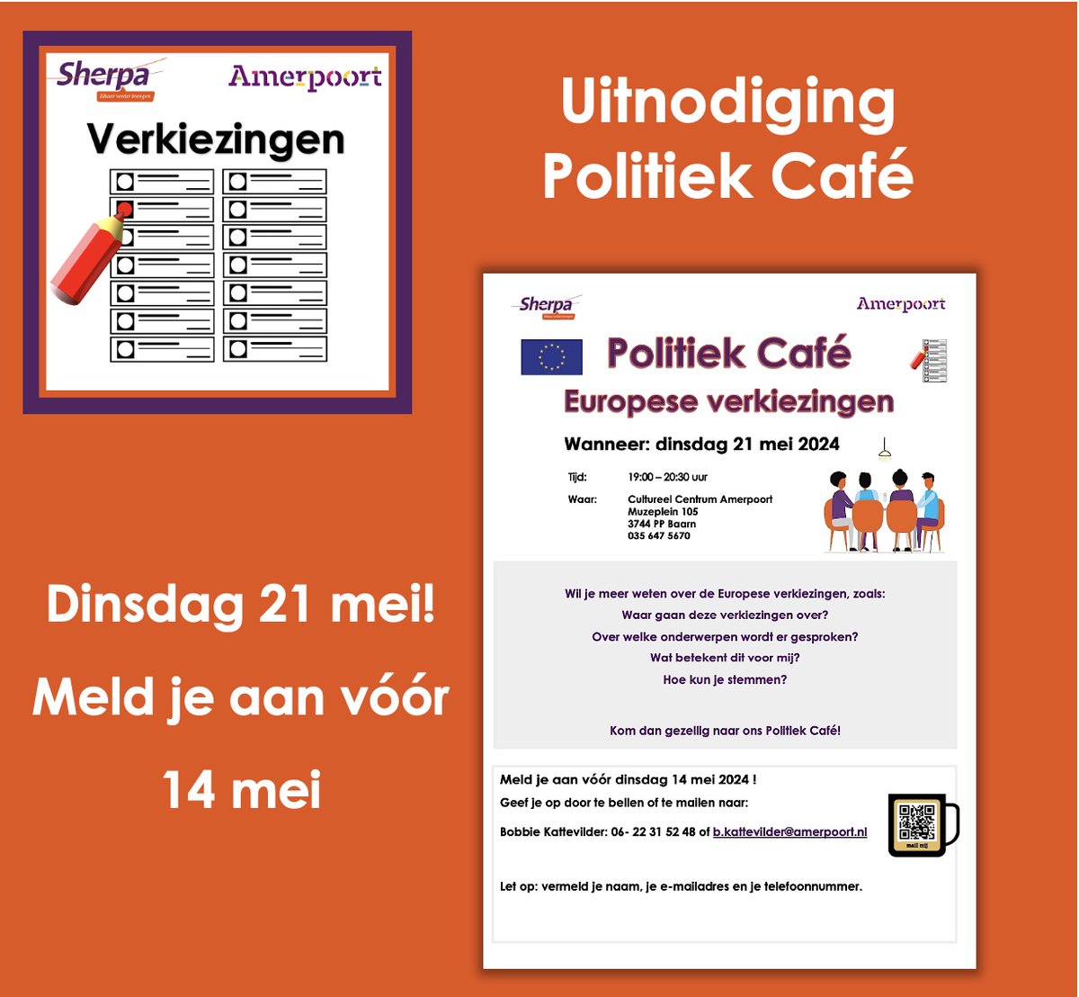 Dinsdag 21 mei is er een Politiek Café! Dat is een gezellige bijeenkomst voor mensen van Amerpoort en Sherpa. Hier leer je meer over de verkiezingen en kun je vragen stellen. Op onze website staat meer informatie en lees je hoe je je kunt aanmelden. ow.ly/pezk50Rstco