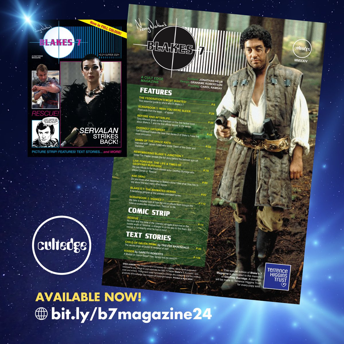 41 years after the last issue, the brand new 124 page edition of #Blakes7 Magazine is out now. Here’s a peek at the contents page. You can claim a 15% discount by using code SUNSHINE15 at checkout (code expires on Friday at midnight!). Grab your copy from bit.ly/b7magazine24