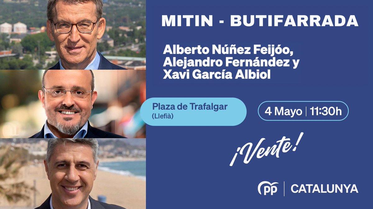 Os espero este sábado en el Mitin - Butifarrada que celebraremos en la plaza Trafalgar de Llefià a las 11:30h., junto a @NunezFeijoo y @alejandrotgn. Cuento con vosotros!! 💪💪 #Badalona