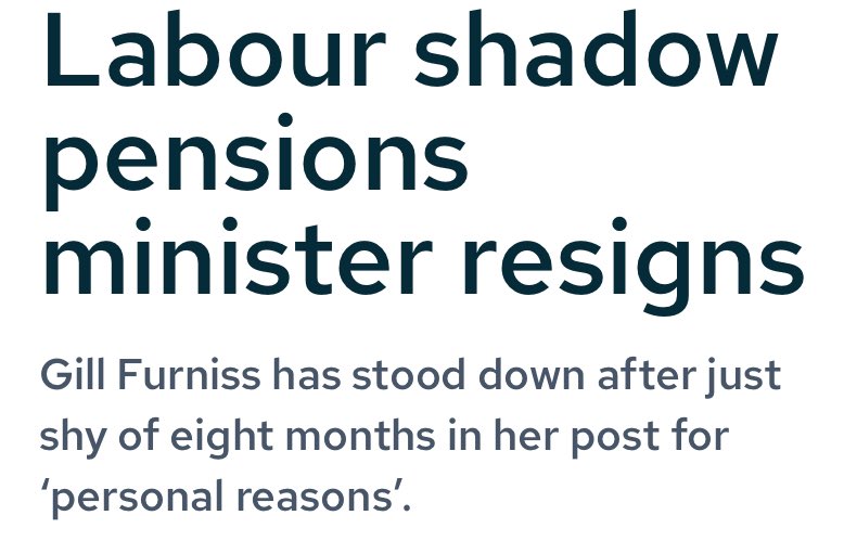 Key job up for grabs as Labour MP Gill Furniss resigns from her post as shadow minister for pensions after less than eight months for personal reasons bit.ly/3UGUmph hopefully it will be someone with interest in and knowledge of pensions.