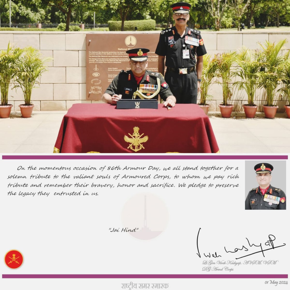 86th Armoured Corps Day was commemorated with honouring of fallen soldiers of #IndianArmedForces at #NationalWarMemorial in which Lt Gen Vivek Kashyap,AVSM,VSM,DG Armd Corps and Gen offrs of the Corps laid wreath and paid homage at #AmarJawanJyoti in a solemn ceremony at NWM.