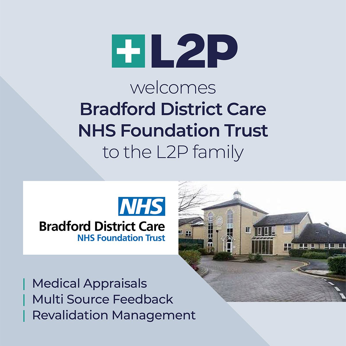We are delighted to welcome Bradford  District Care NHS Foundation Trust to the L2P Enterprise Ltd family for Revalidation Management, Medical Appraisals, and Multi-Source Feedback.
#nhs #l2p #revalidation #workforcemanagement #appraisals #multisourcefeedback