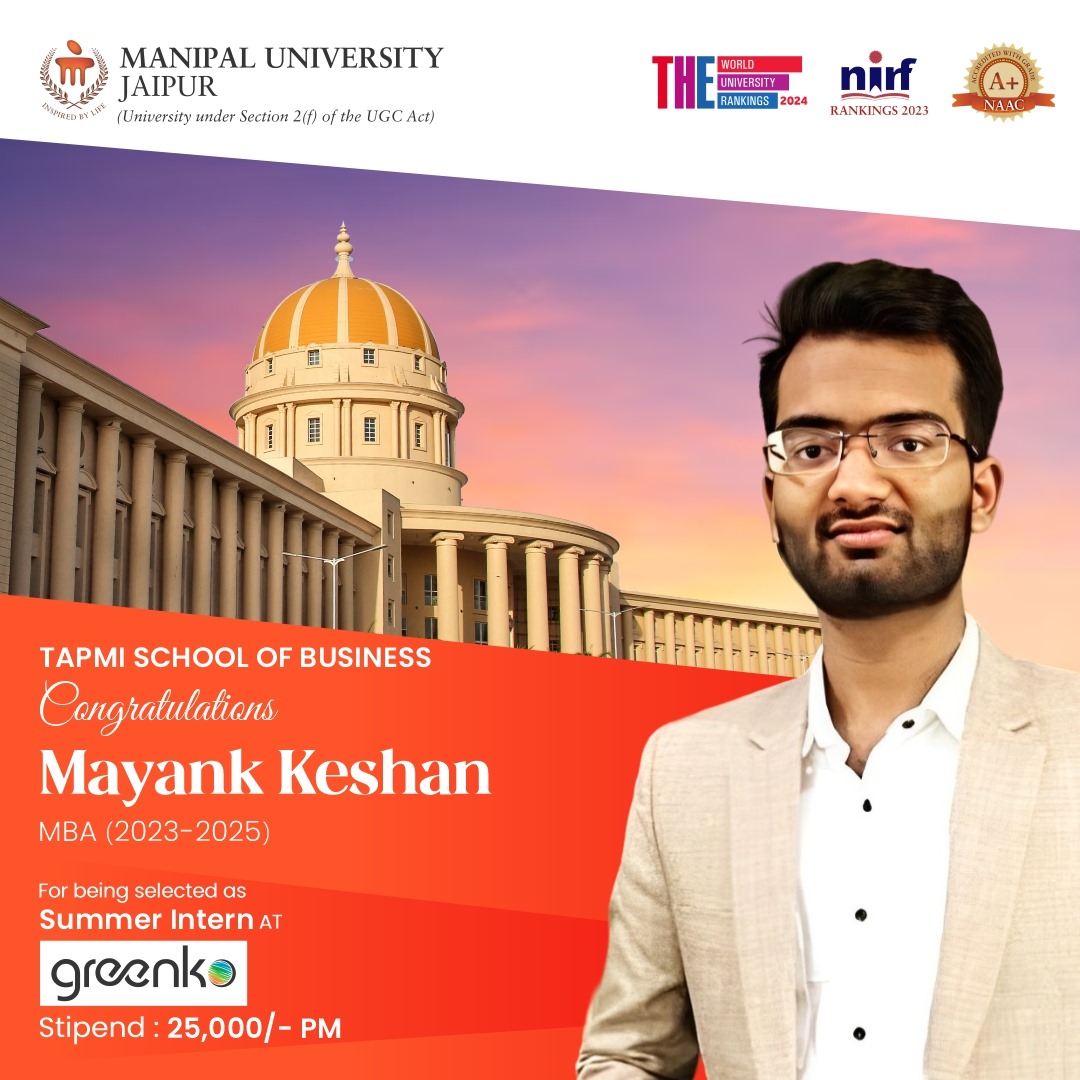 Congratulations to Mayank Keshan (MBA Batch 2023-25) from Manipal University Jaipur on securing a placement at Greenko Group. Your hard work and dedication have paid off, and we are proud to celebrate this milestone with you.