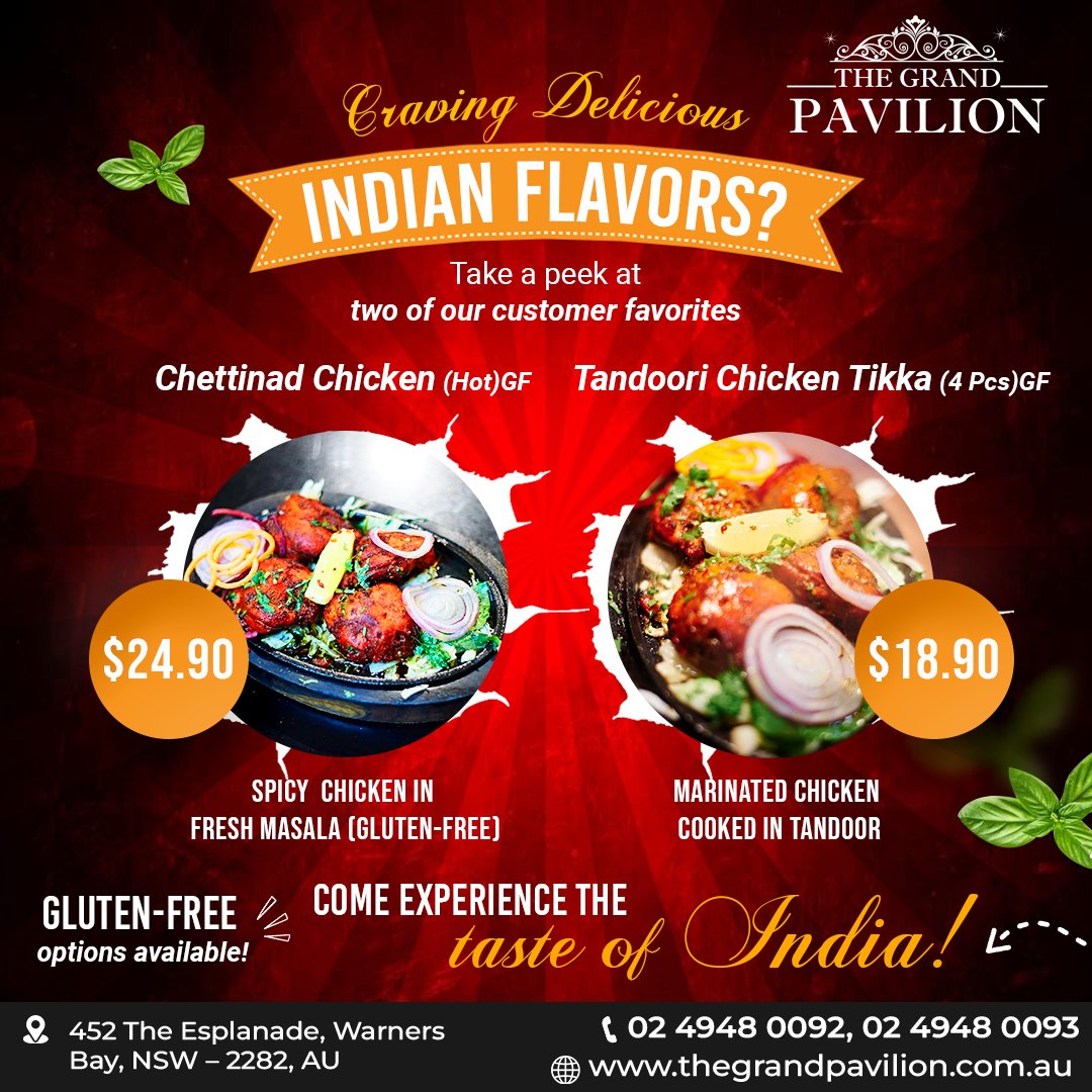 🔥 Chettinad Chicken (Hot) GF - $24.90
🔥 Tandoori Chicken Tikka (4 Pcs) GF - $18.90
 
🌐 thegrandpavilion.com.au
☎️ +61 2 4948 0092

#TheGrandFeast #IndianDelights #ChettinadMagic #TandooriTemptations #TheGrand #GrandFeast 🍽️✨
#amazingfood #warnersbay #australia