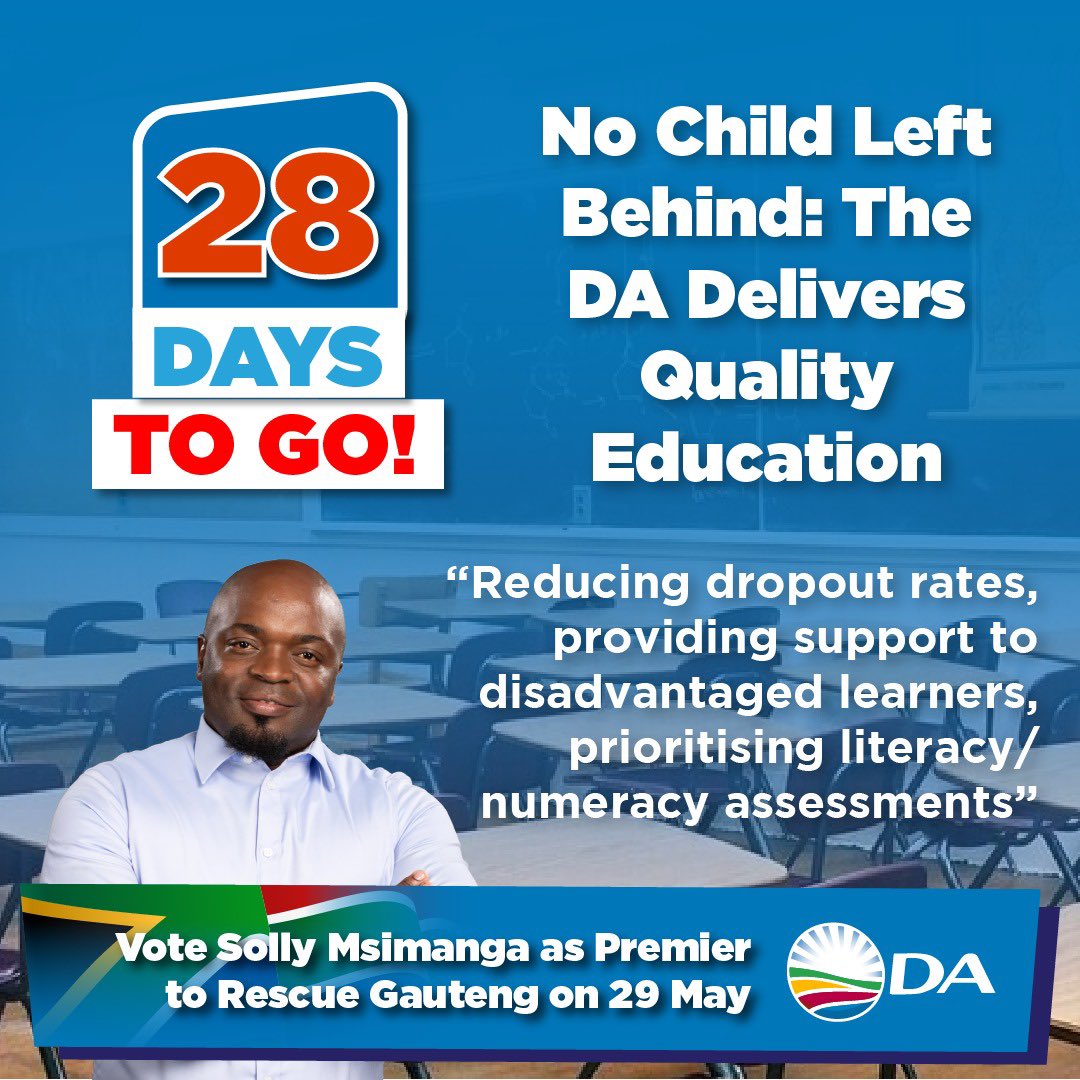 2️⃣8️⃣ DAYS TO GO!🗳️ Without a proper education, a child could be deprived of employment. The DA will implement a strategy to reduce learner dropout rates. By introducing greater curriculum diversification from Grade 9 onwards so that learners can pursue vocational, technical,…