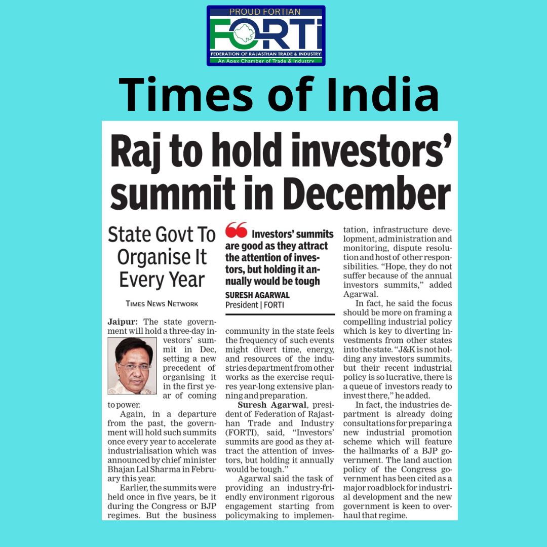 Rajasthan to hold investor’s summit in December
.
#fortiyouthwing #Fortirajasthan #sureshagarwal #fortijaipur #fortirajasthan #rajasthan 
#forti #FortiWomenWing #chiefminister #bhajanlalsharma #rajasthan #bjp #diyakumari #investorsummit #industry #congress #business #energy
