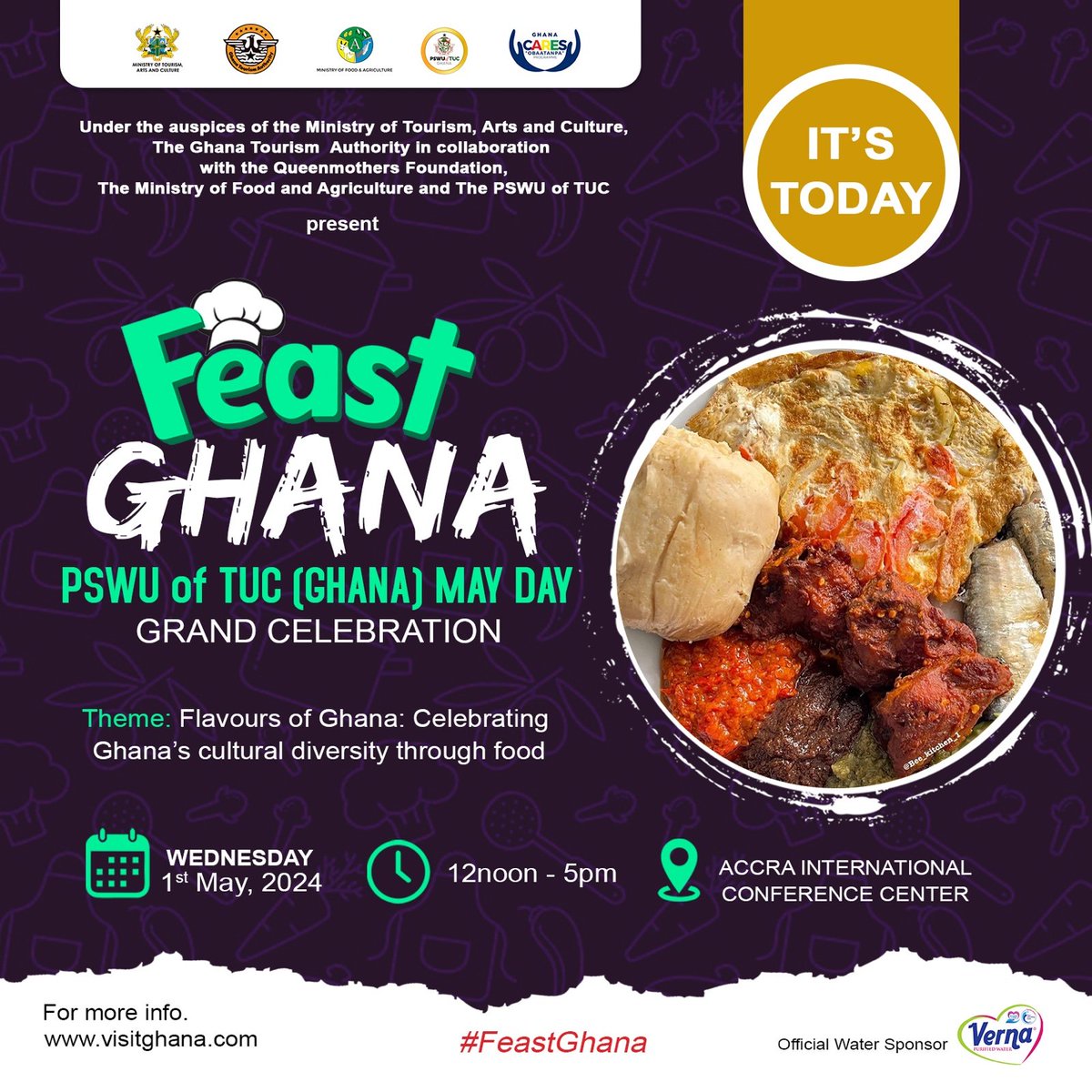 🎉 Join us today at the Accra International Conference Centre for an unforgettable culinary adventure! 
See you there! 🍽️ 
#FeastGhana #flavoursofghana #experienceghana #shareghana #eatghana  #FoodiesUnite #CulinaryExperience