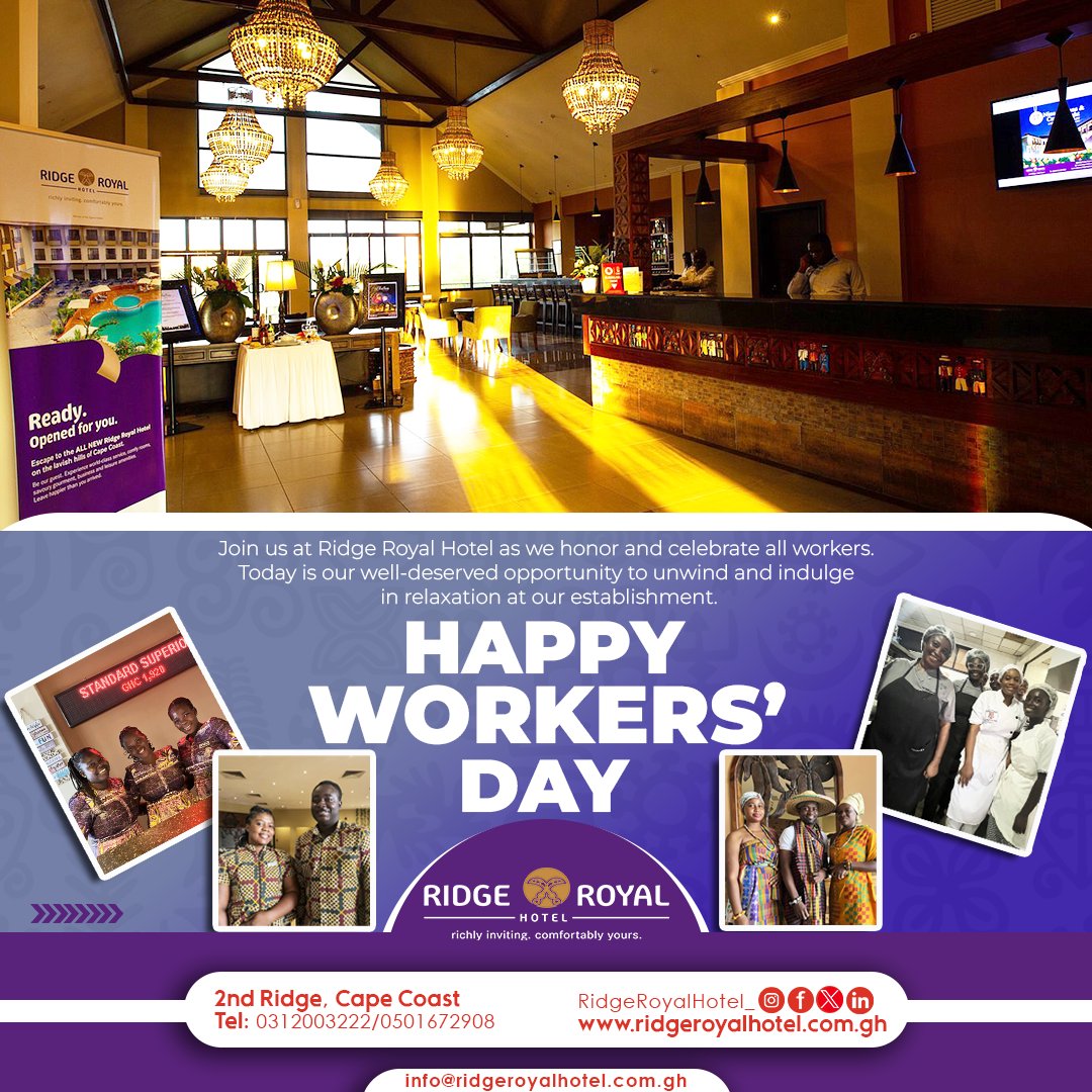 Happy Workers' Day from Ridge Royal Hotel! We extend our best wishes to workers in every field. 
#RidgeRoyalHotel: richly inviting, comfortably yours. #mayday #happyworkersday #happyholiday
#CapeCoast #royalmoments #suite #staycation #travelafrica #travelgram #hotelsinCapeCoast