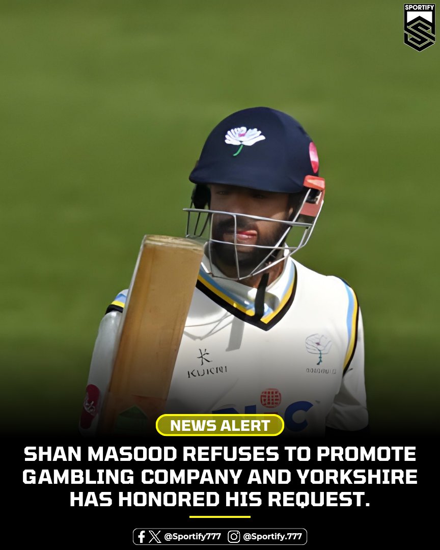 🚨 News Alert 🚨

Shan Masood has refused to promote Dafabet and Yorkshire has honored his request and now his collar won't feature the logo of DAFABET 🏏 

#Sportify #SportsNews #ShanMasood #CountyChampionship