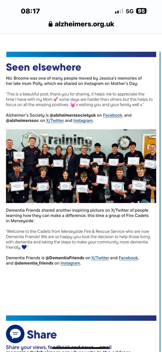 Massive thanks @alzheimerssoc  @DementiaFriends for posting our Dementia friends session with @MerseyFire Croxteth fire cadets in your magazine, hope the message spreads far and wide that people can live well with Dementia. ❤️