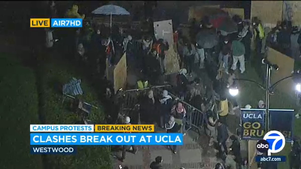 #LIVE Protesters at UCLA are carrying barricades and pushing them into opposing groups: police are still not on scene abc7.la/4diRaau