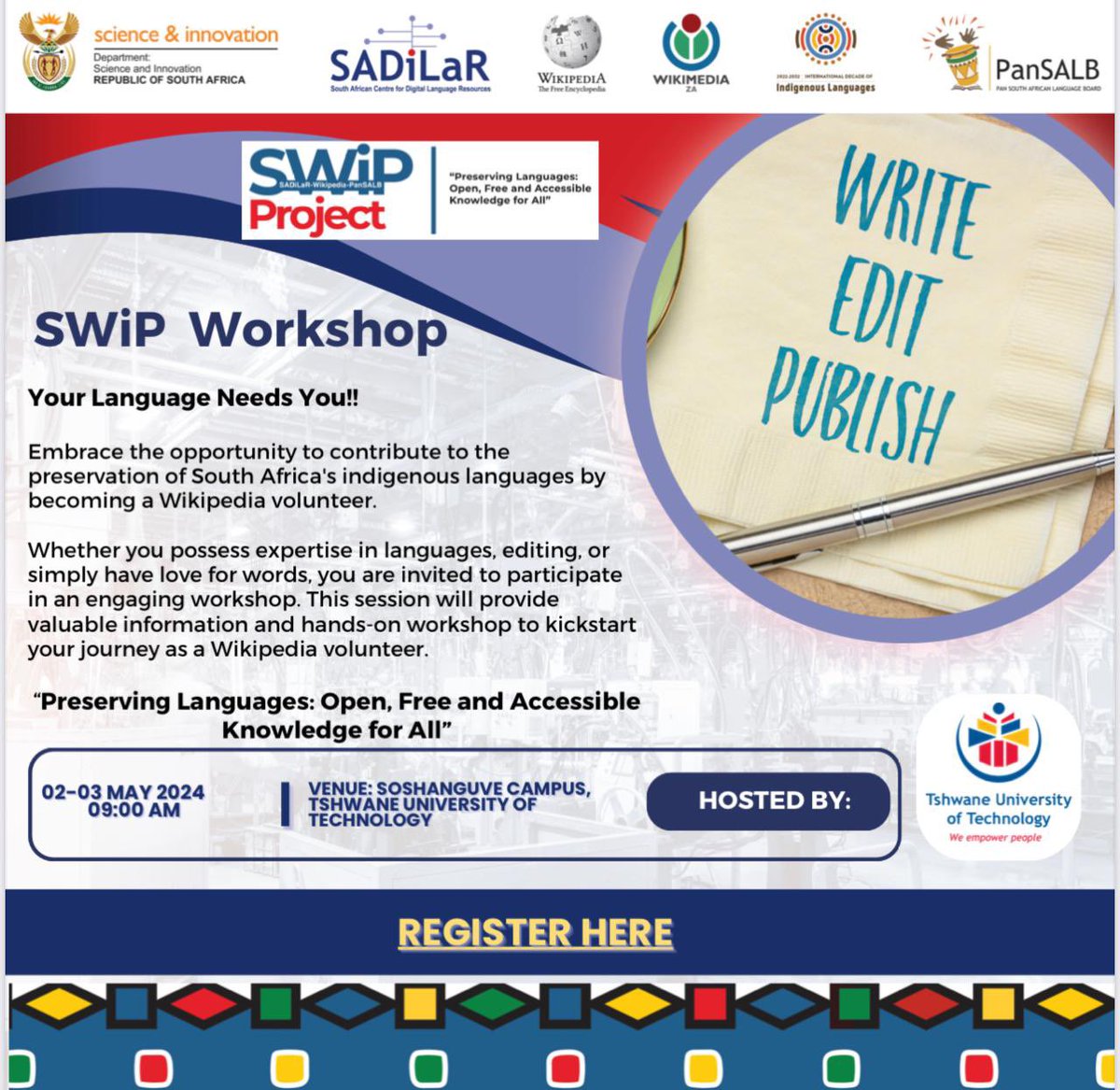 Hey TUT Fam! Calling all language lovers! Join us at the SWiP workshop on May 2nd & 3rd at TUT's Soshanguve Campus. Register now: eventbrite.co.uk/e/swip-project…