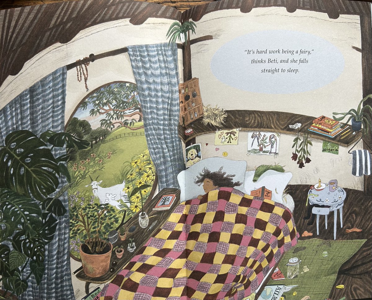 #NewIllustrationoftheDay. By Emily Hughes. An inviting room full of information about the character and the place, drawn and coloured with warmth and delight. For Beti and the Little Round House by Atinuke, four stories set in a house in woods beside a mountain. @WalkerBooksUK