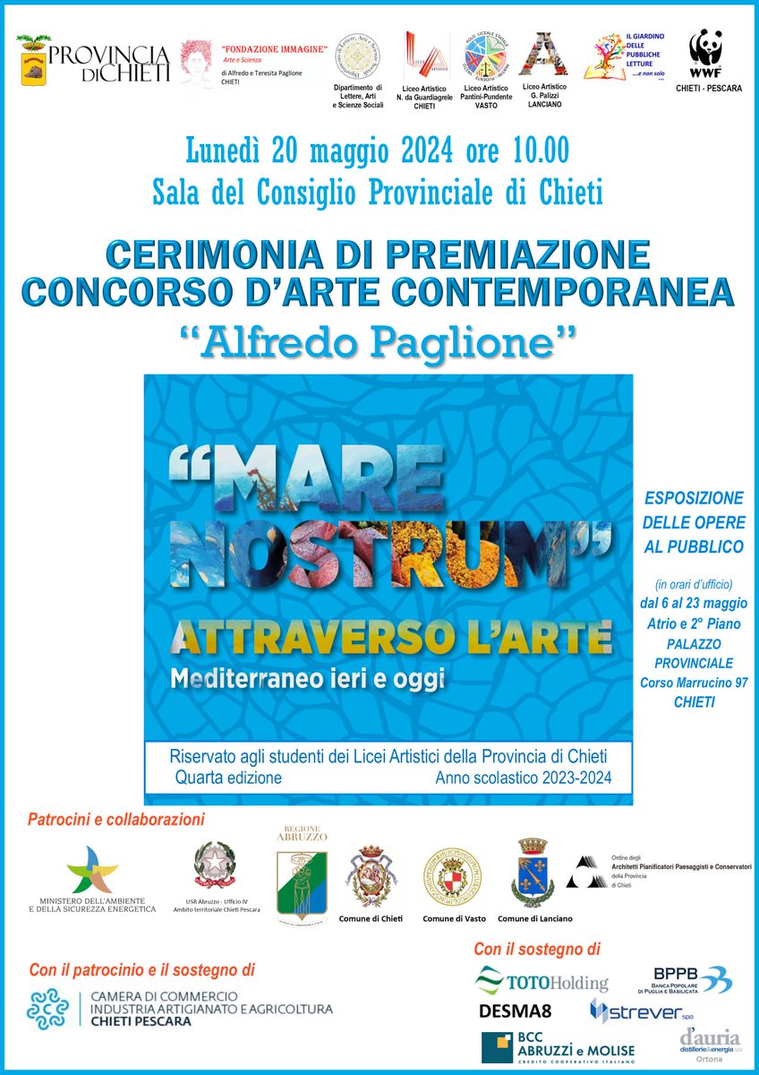 A presto per la cerimonia di premiazione della IV edizione del Concorso d'Arte "Alfredo Paglione", riservato agli studenti dei Licei Artistici della provincia di Chieti
