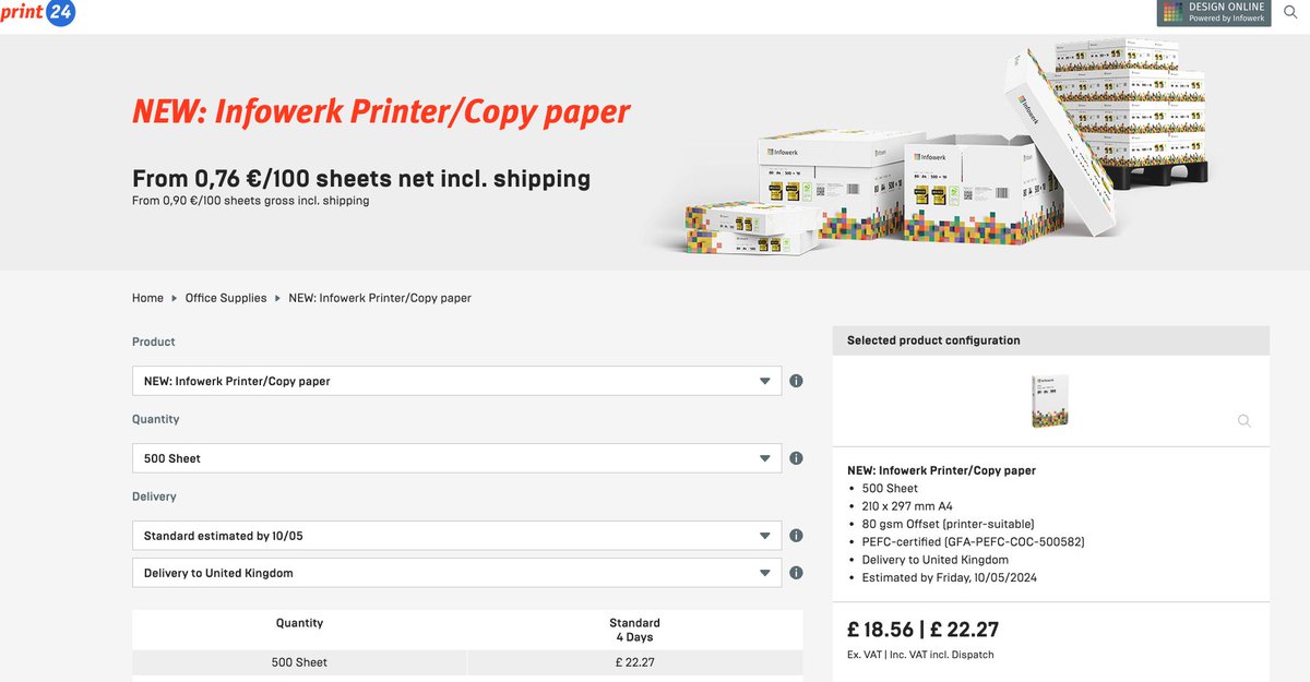 print24_uk's tweet image. Print24 have their printer paper Infowerk now live on the website to order in the UK, delivered.

80 g/m² offset
A4
Order direct from us and cut out the middlemen.
print24.com/uk/office-supp…

#infowerkpaper #printerpaper #officepaper #officesupplies #print24 #onlinepaper #copypaper