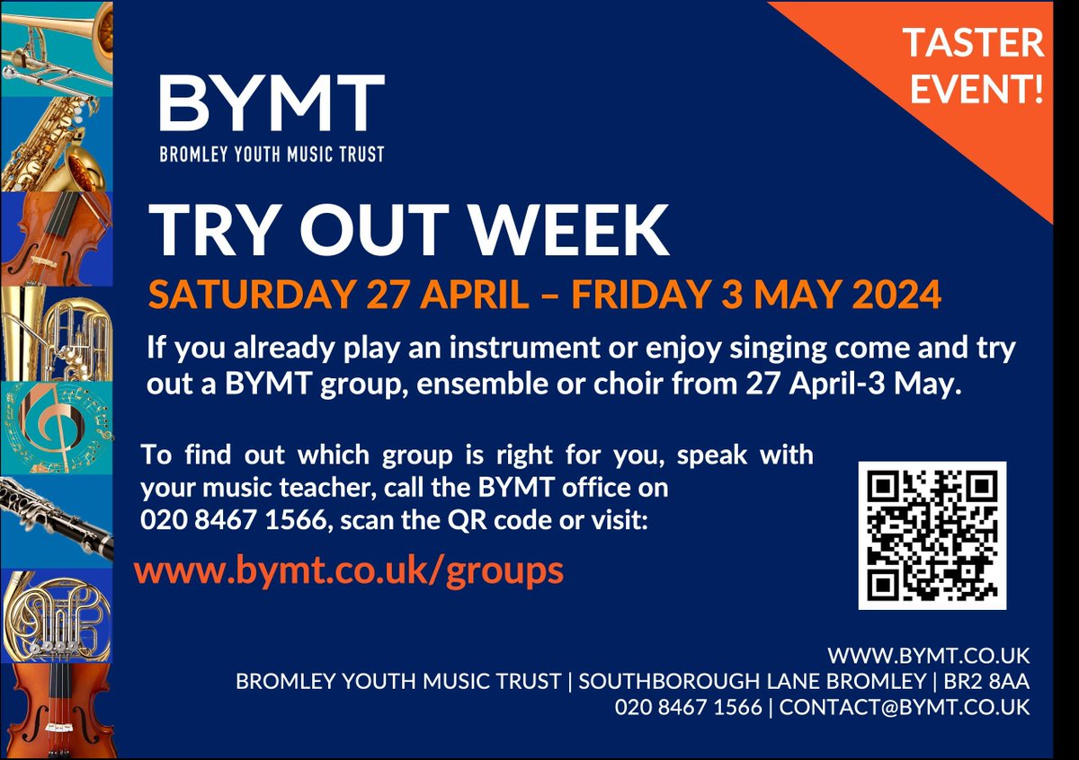 BYMT TRY OUT WEEK. If you already play an instrument or enjoy singing, come along to a BYMT centre - tonight we have Elementary & Junior Band & Strings, Pops Band & Adult Choir. No need to book, just come along! buff.ly/3L6CgF1