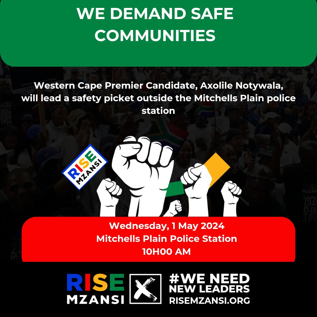Joined by organisers, volunteers, and candidates, @AxolileNotywala, the Western Cape Premier Candidate, will lead a picket outside the Mitchells Plain police station. 

#AxolileForWCPremier #WeNeedNewLeaders