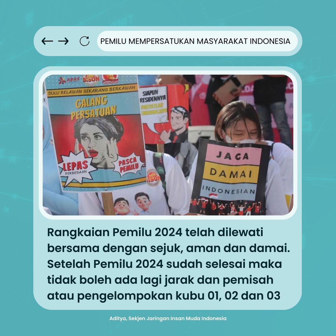Pemilu mempersatukan masyarakat Indonesia
#Pemilu2024
#PemiluDamai2024
#PemiluDamaiNegeriMaju
#Pemilu2024BebasHoaks
#Pemilu2024MenujuIndonesiaMaju
