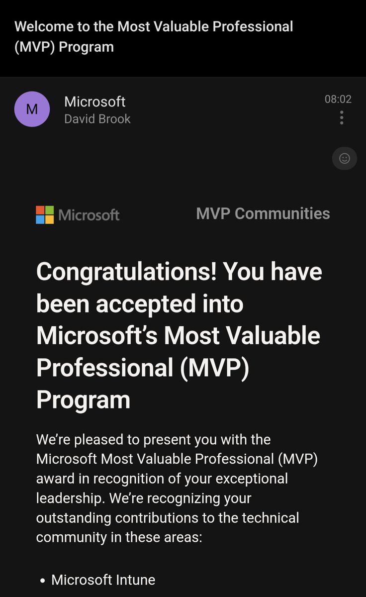 Well the 1st of any month has never been better than today, I'm now a Microsoft @MVPAward!!! Thank you to everyone who have supported, encouraged and helped me on the way to achieving one of my #CareerAmbitons I can't put into words what this means!! ! 😊 #MVPBuzz #Intune