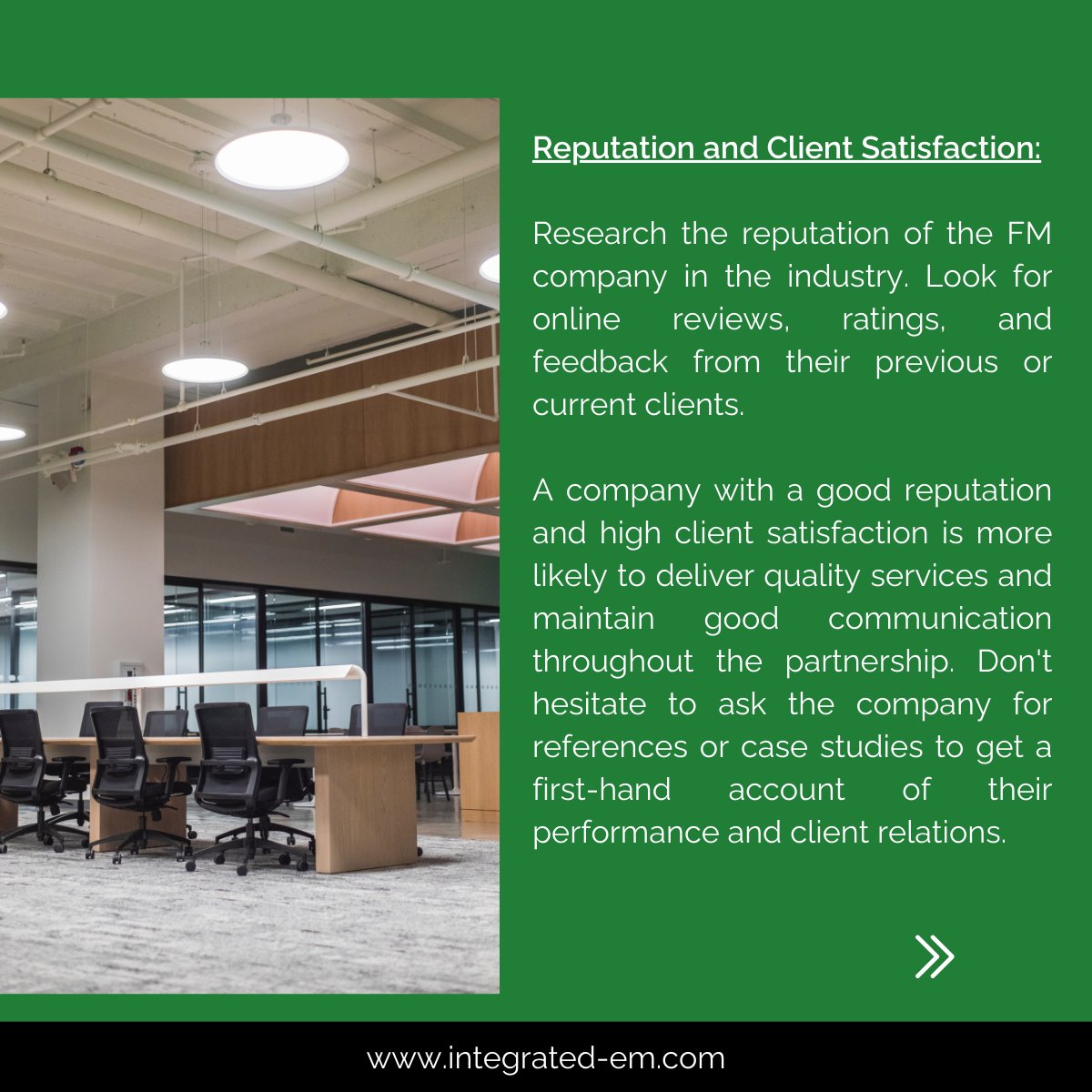 Swipe to see!

When hiring a facilities management company, it's crucial to consider these 3 factors to ensure you make the right choice. 

Need help with any projects?

Contact us now on integrated-em.com & we’ll be in touch. ⁠

#FacilitiesManagement #BusinessSolutions