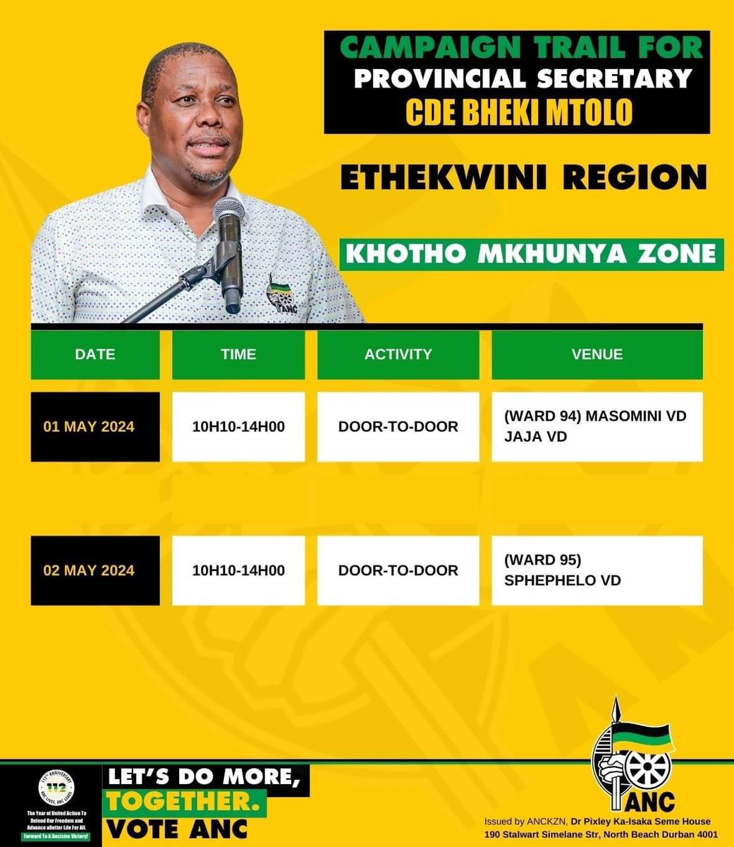 ANC Campaign is steaming ahead today. ANC Provincial Chair Cde Siboniso Duma will attend the May Day Rally today. Energized and focused on propelling ANC to victory, ANC KZN officials will be doing door-to-door and interacting with voters across all corners of the province.