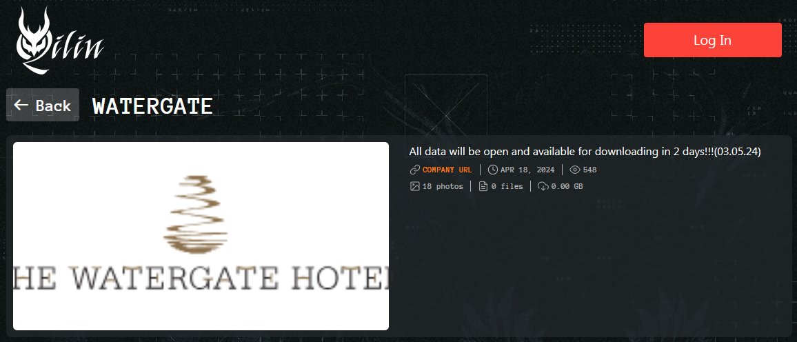 🔴 #CyberAttack Alert 🔴 🇺🇸 #USA: The Watergate Hotel has reportedly been compromised by the Qilin ransomware group. The group allegedly exfiltrated PII documents, invoices, financial data, and other miscellaneous documents. Ransom deadline: 3rd May 24. #Ransomware