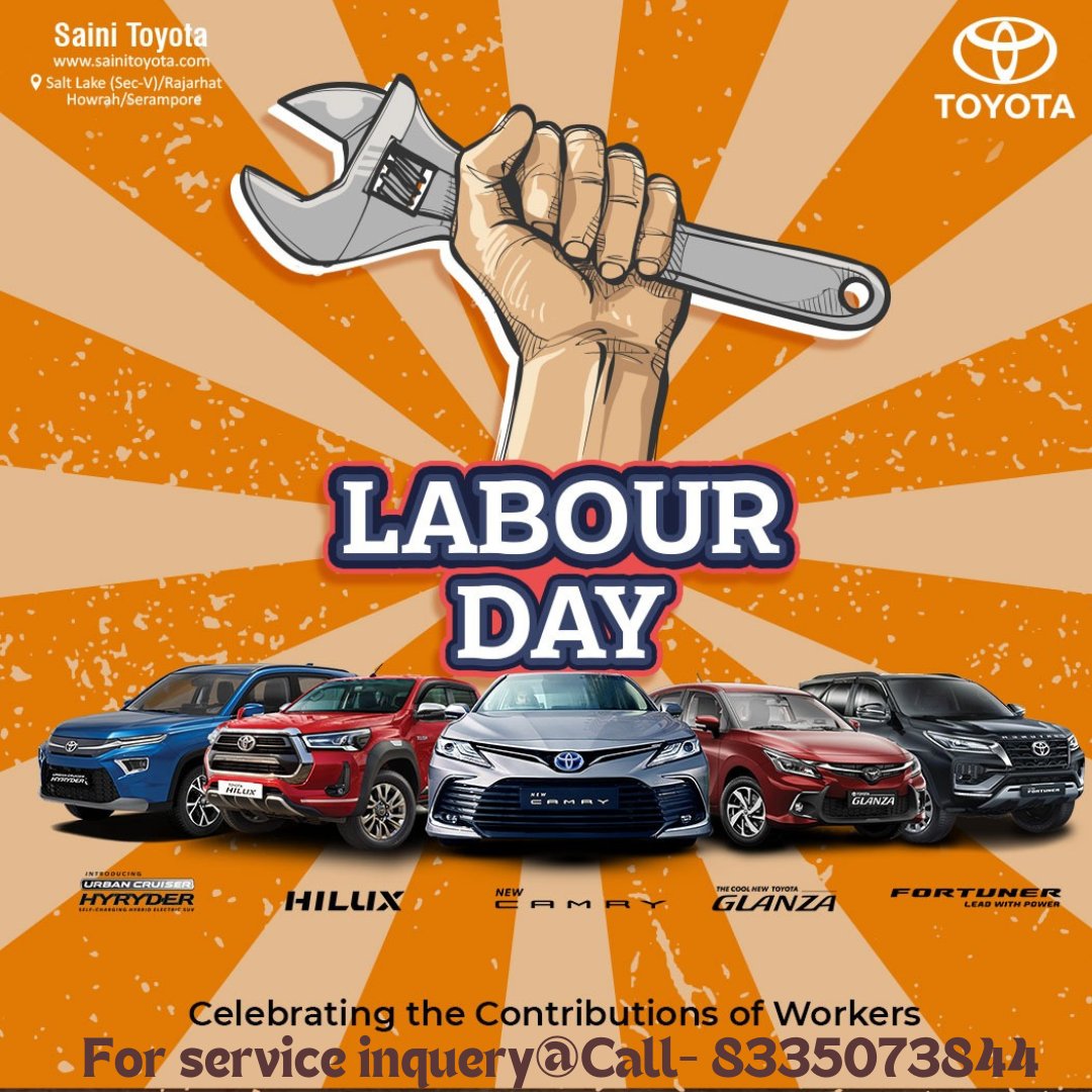 sainitoyota's tweet photo. 🎉 Happy Labour Day from Saini Toyota! 🎉 Today, we honor the contributions of workers worldwide. To show our gratitude, we're offering exclusive discounts on Toyota cars. Don't miss out – visit us today! #LabourDay #SainiToyota #ToyotaCars https://t.co/8t3zVEE340