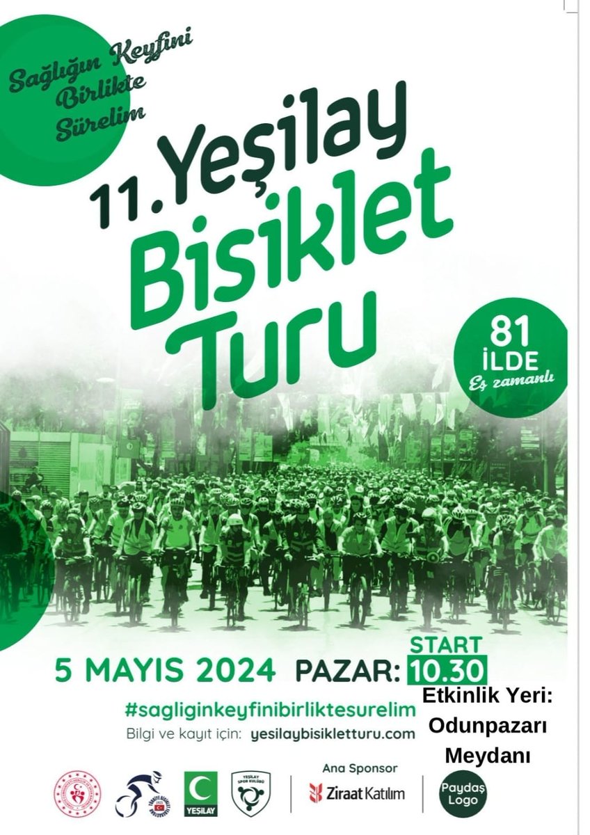 sağlıklı yaşam bilincinin artmasına katkıda bulunmak amacıyla düzenlediğimiz tüm Türkiye’de 81 ilde eş zamanlı yapılacak olan 11. Geleneksel Yeşilay Bisiklet Turu’na 5 Mayıs 2024 Pazar saat 10.30′ da her yaştan bisiklet severlerimizi Odunpazarı Meydanı’nda haberotesi.com.tr/yesilaydan-sag…