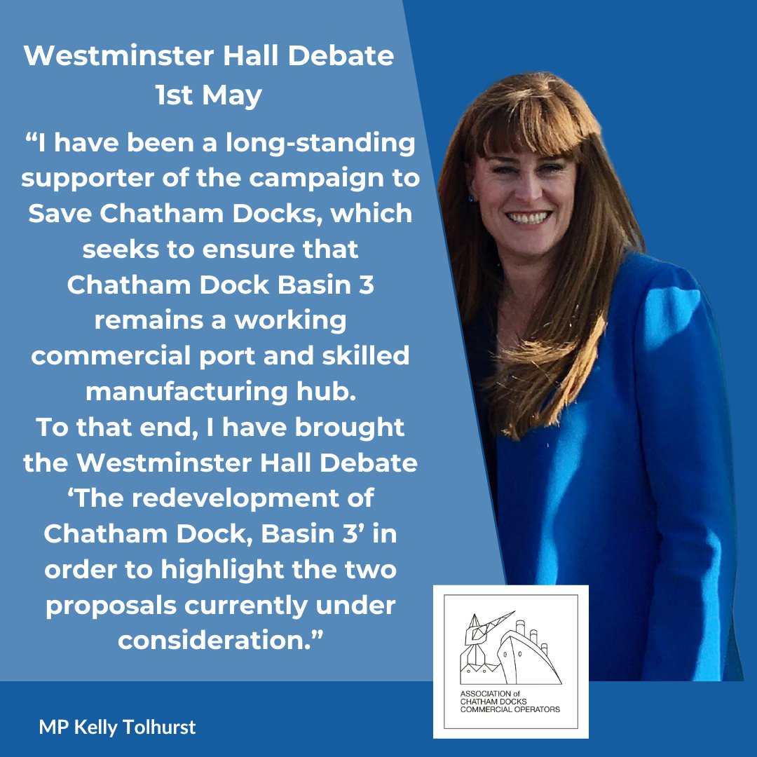 Later today @KellyTolhurst will be leading a Westminster Hall Debate on 1st May on the Redevelopment of Chatham Dock Basin 3. This is our opportunity to be heard! Watch this space for further updates! #SaveChathamDocks #KellyTolhurst #HousesOfParliament #MedwayBusinesses
