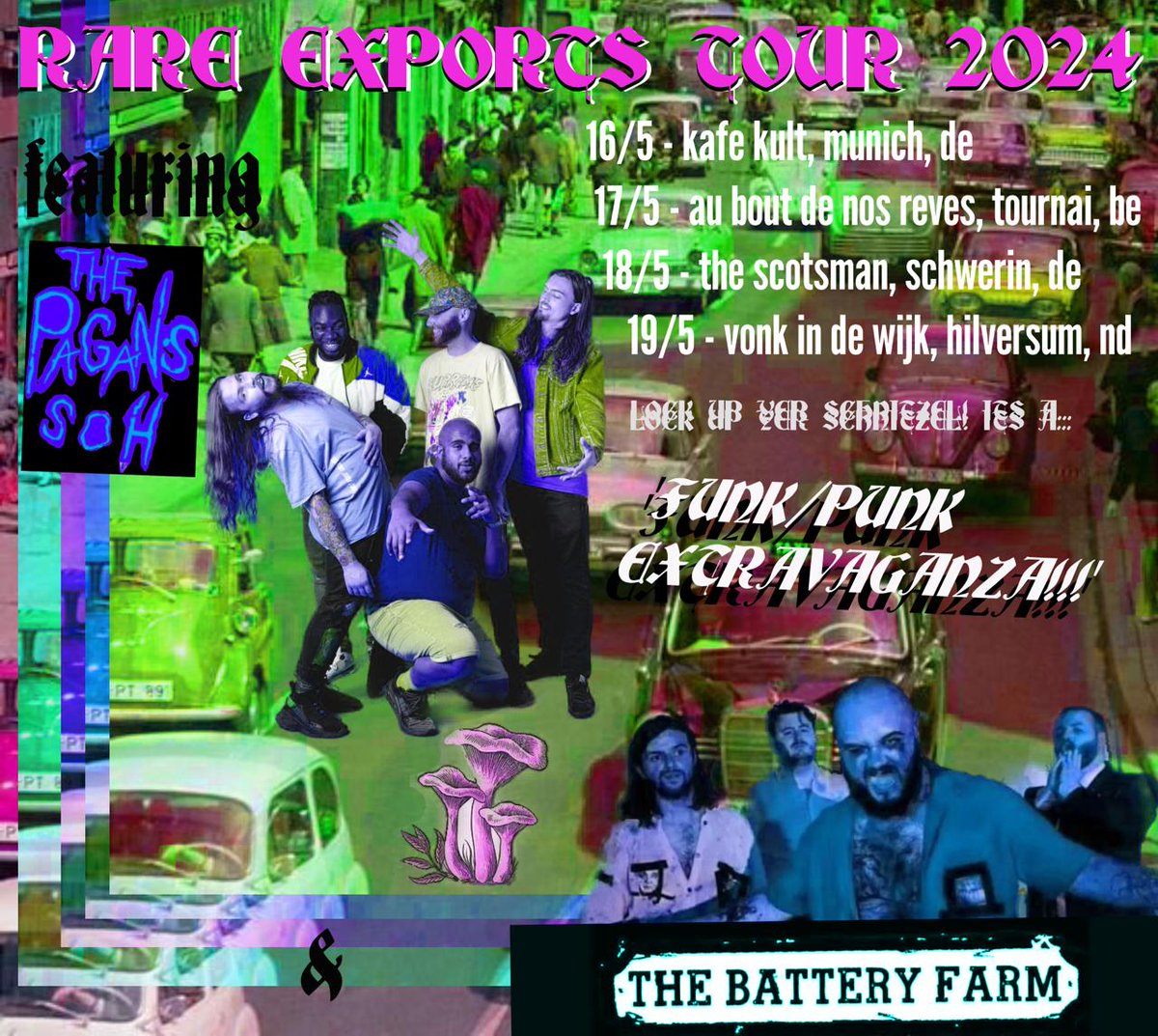 daraghguest's tweet photo. Here look its actually real... we're actually going on tour..  somehow managed to get it done... poster by yours truly.... for all trippy and strange graphics, I'm ya muan 🫠 
Big ups to @TheBatteryFarm @the_pagans .... Europe 🇪🇺 were coming for ya, 😈 https://t.co/QBQIIBKjTR