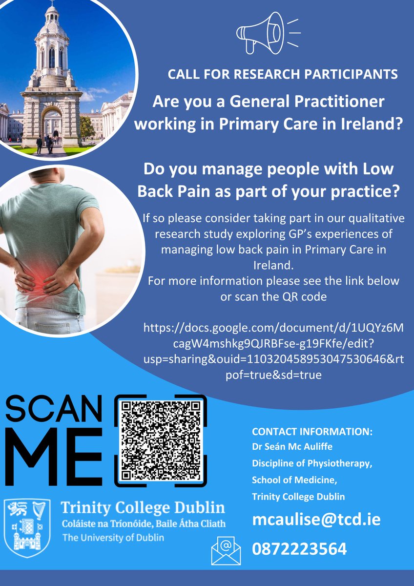 📢 Are you a GP working in Primary Care in Ireland? 📢 Please consider taking part in our qualitative research project exploring GP's experiences of managing Low Back Pain in Primary Care. Details in poster 👇 Further details in link 👇🔗 docs.google.com/document/d/1UQ… Please RT