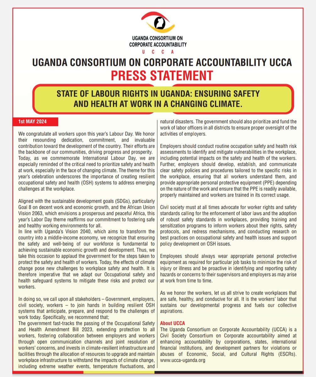 #LabourDay #UCCA calls upon all stakeholders- @GovUganda employers, CSOs & workers to join hands in building resilient Occupational Safety and Health systems that respond to the challenges of work today. @ISERUganda @SEATINIUGANDA @NCHRD_UG @Mglsd_UG @KIOSFoundation @pla_ug