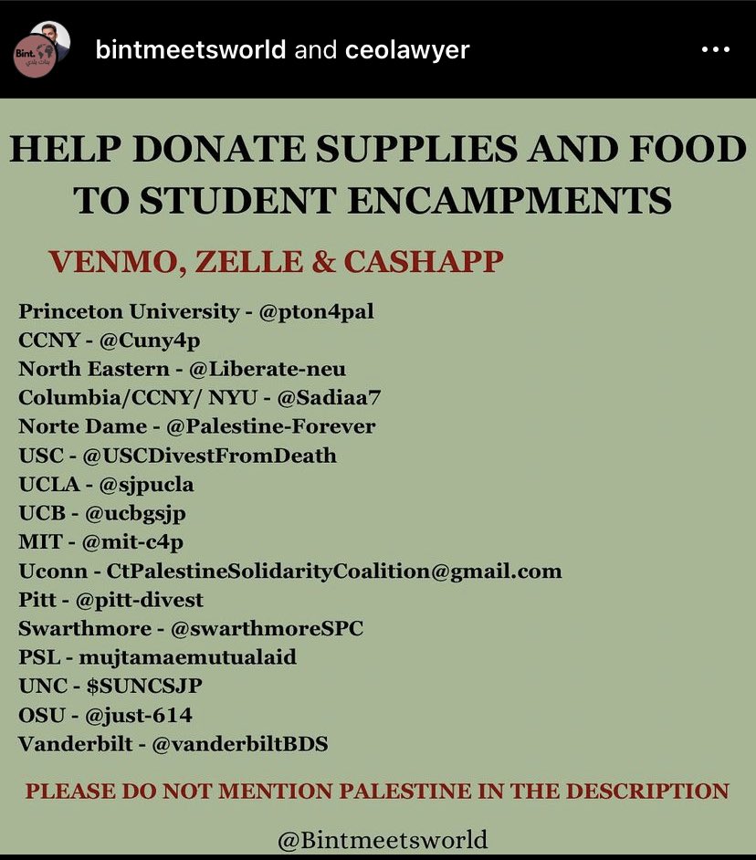 if you want to help donate supplies and food student encampments, check these out: