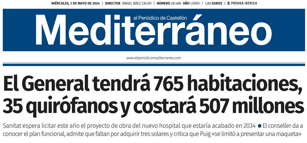 Tras años de promesas incumplidas por parte del Botànic, el Consell de @carlos_mazon_ prioriza la sanidad de los ciudadanos de la Comunitat Valenciana. 🏥La Conselleria de Sanitat invertirá 507 millones de euros en el nuevo Hospital General de Castellón, que tendrá 765 camas y
