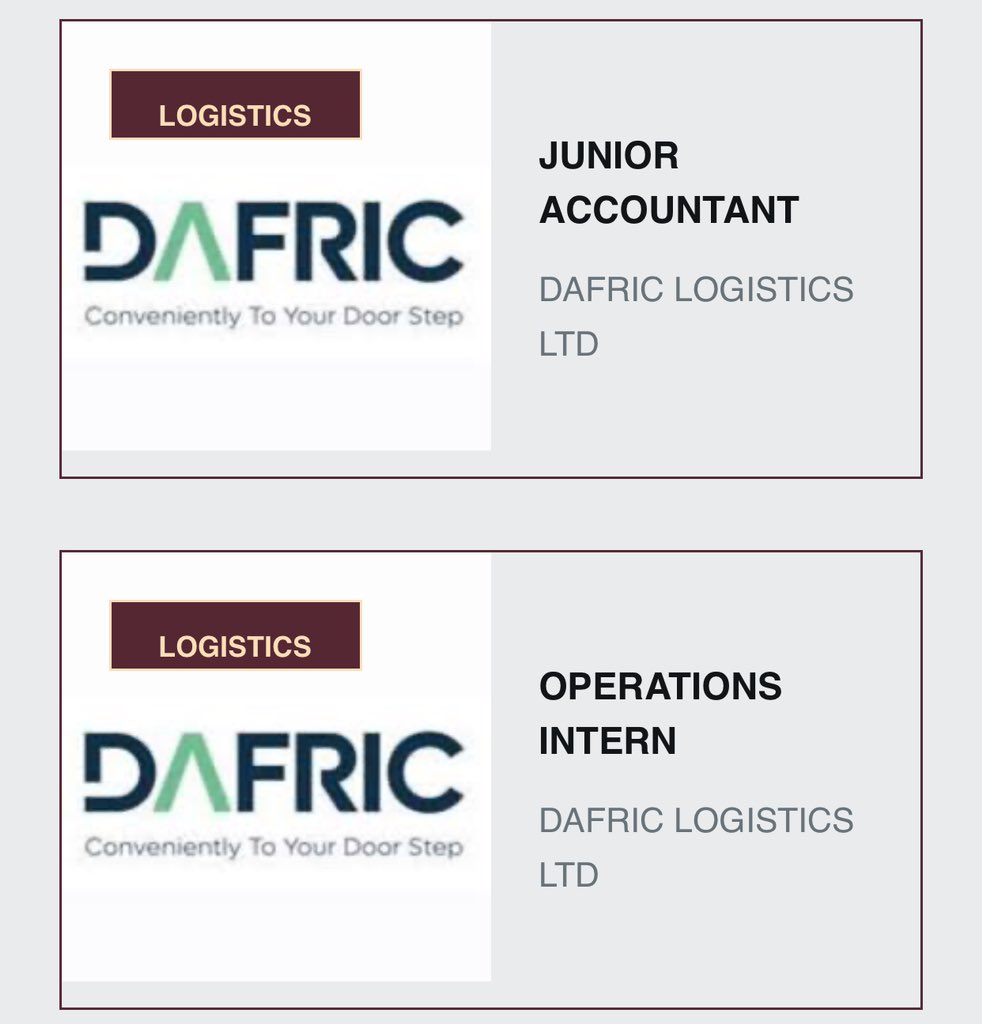 Dafric Logistics Ltd is hiring in Uganda! - Operations Intern: jobnotices.ug/job/operations… - Junior Accountant: jobnotices.ug/job/junior-acc…